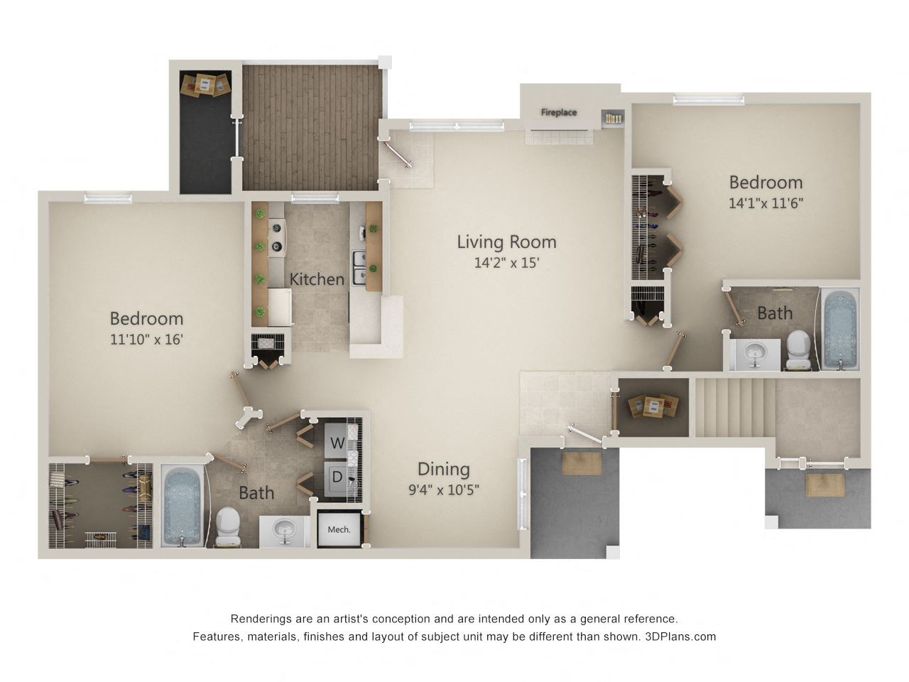 Floor plan for 2 beds, 2 baths, 1115 sqft